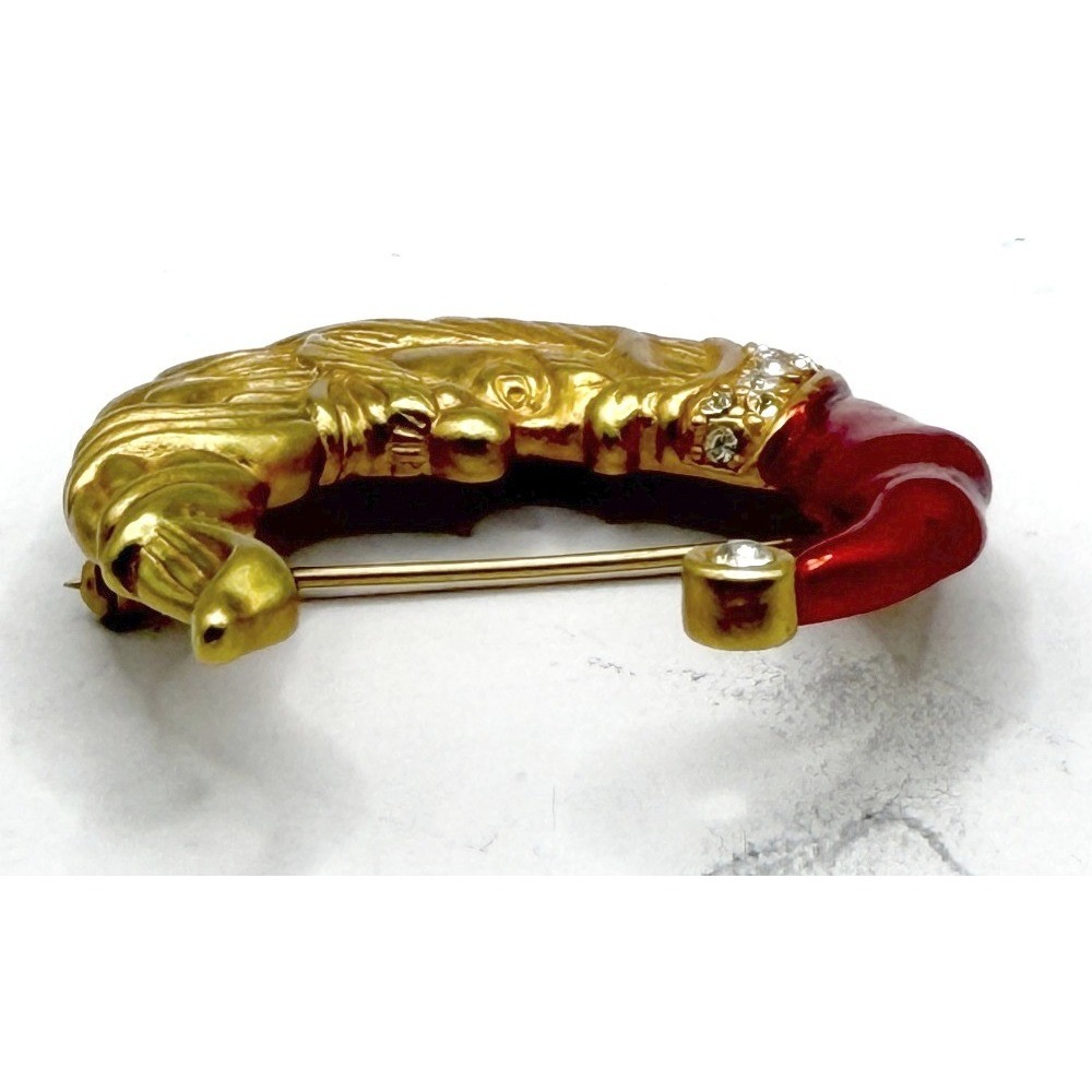 New Santa Moon Brooch Gold Tone Red Enamel Rhinestone Crescent Pin - Picture 2 of 5